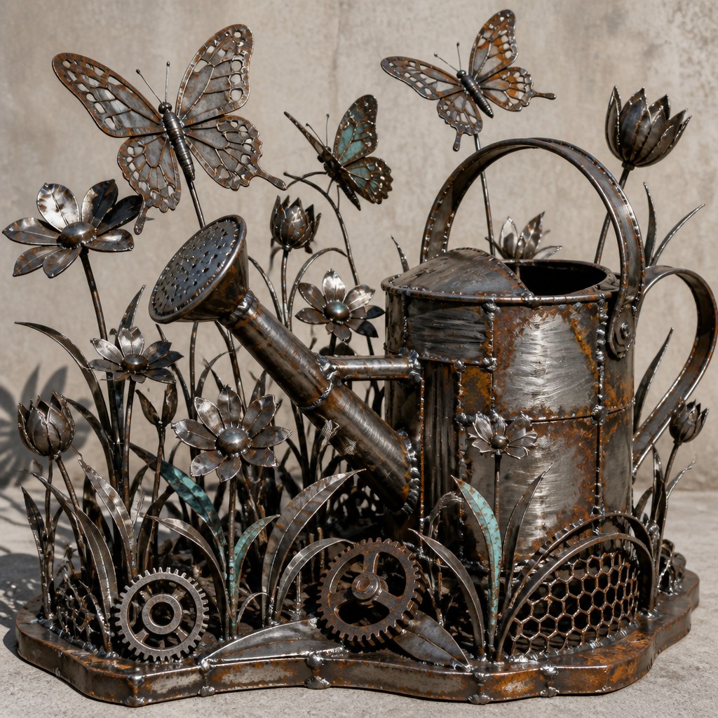 a garden scene with butterflies, flowers and a watering can, clean uncolored line art, no text — Metal Assemblage Sculpture Art Style coloring page