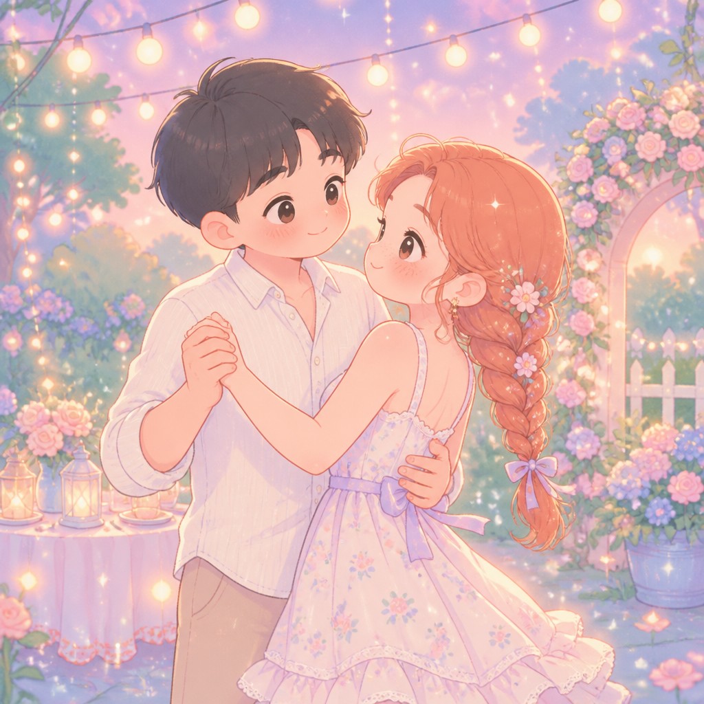 an original couple dancing under string lights in a garden at dusk: a man with short black hair in a linen shirt and a woman with braided red hair in a summer dress — Kawaii Pastel Anime Art Style couple portrait