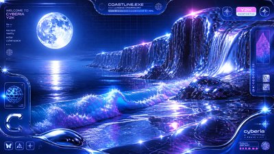 a moonlit coastline with cliffs and crashing surf, no people — Cyber Y2K Aesthetic wallpaper