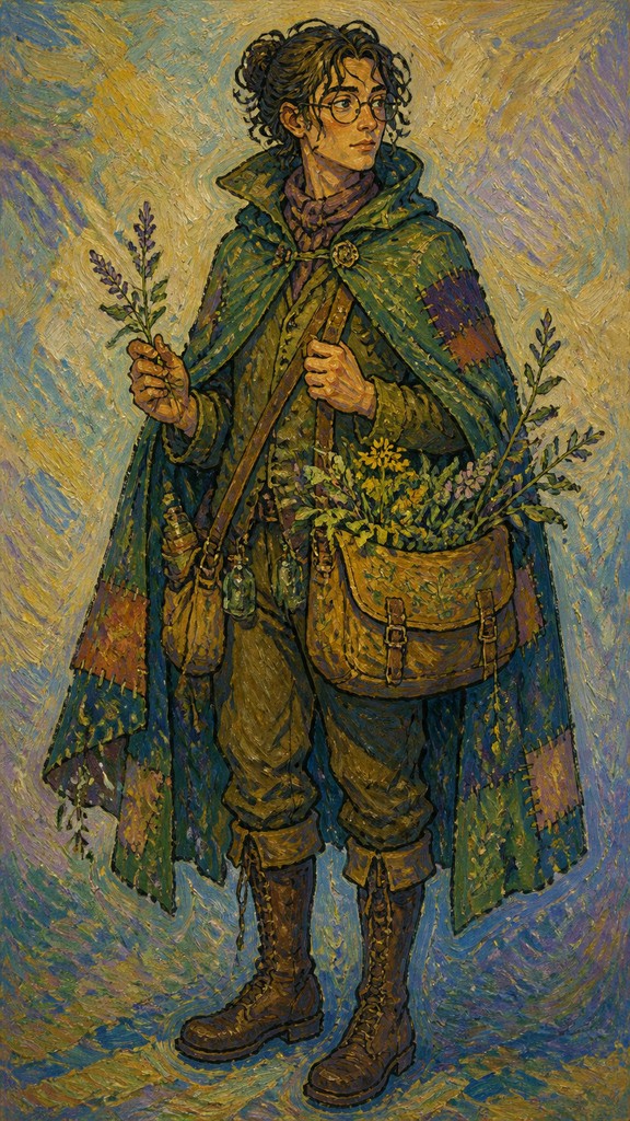 full-body original character: a wandering botanist with a satchel of plants, a patched green cloak, tall boots and round glasses, neutral background — Post-Impressionism Art Style character design