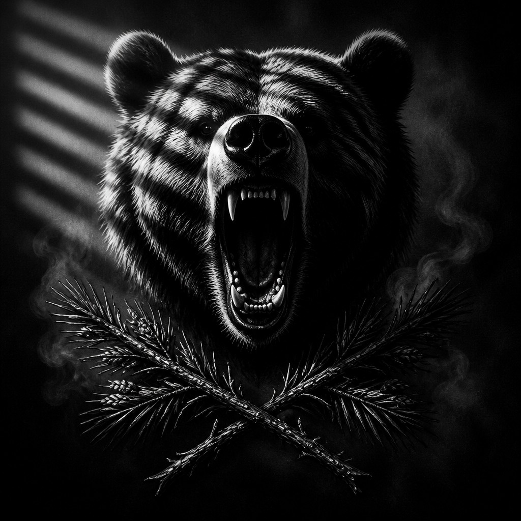 a roaring bear head above crossed pine branches, bold graphic composition on a plain background, no text — Film Noir Aesthetic t-shirt design