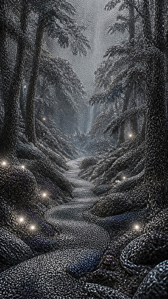 a mysterious forest path with fireflies and drifting mist, atmospheric vertical composition with open space at the top, no text — Chainmail Jewelry Style book cover