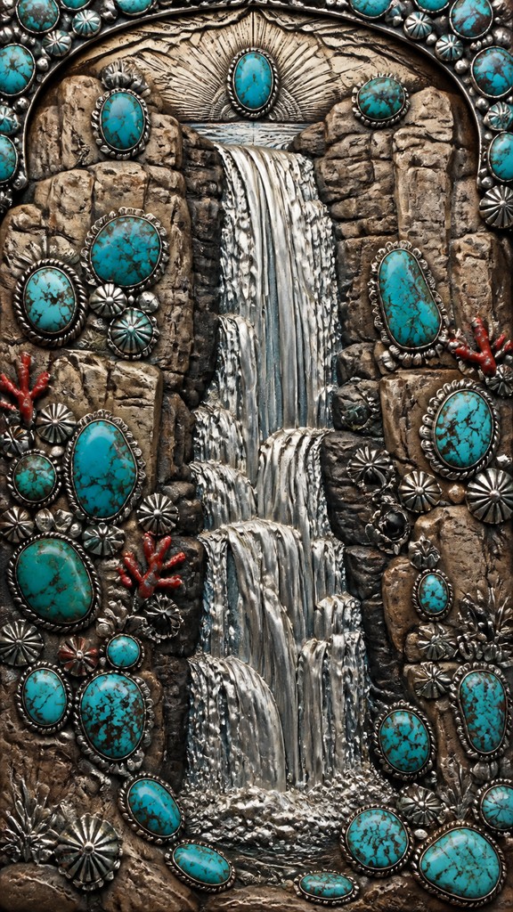 towering waterfall cascading down a cliff — Southwestern Turquoise Jewelry Style