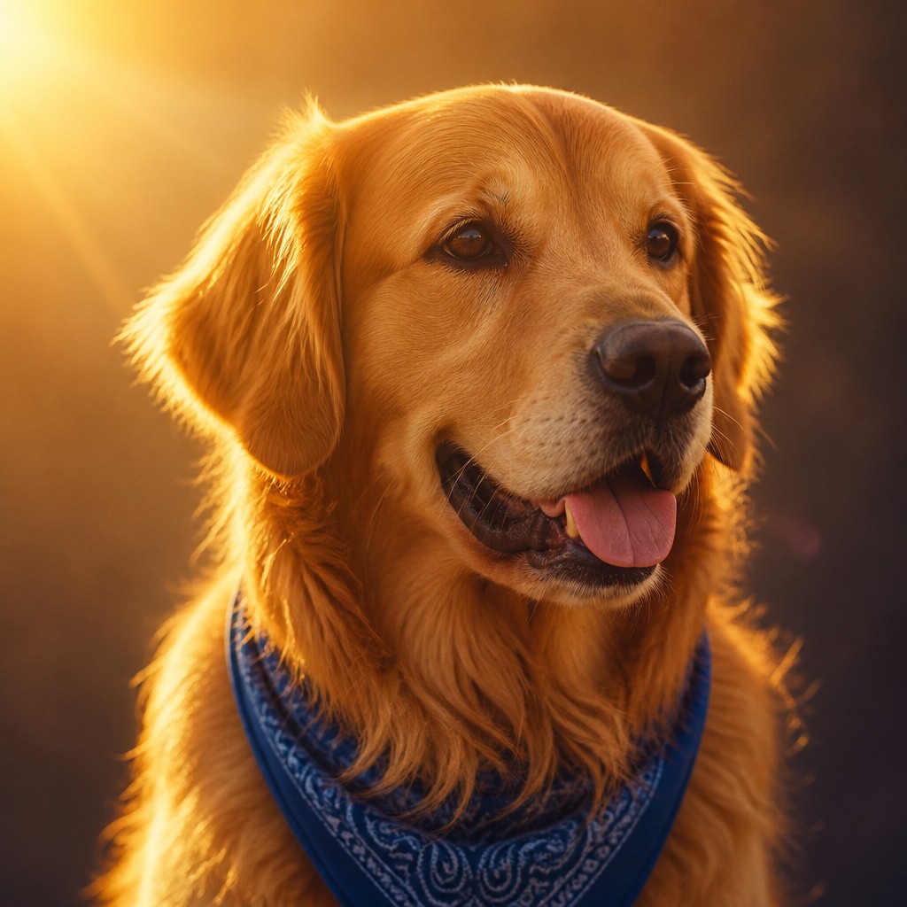 portrait of a golden retriever wearing a blue bandana, warm plain backdrop, no text — Golden Hour Landscape Photography Style pet portrait