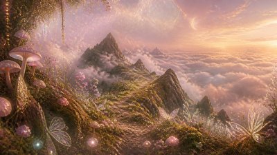 a wide alpine ridge above a sea of clouds, no people — Fairycore Aesthetic wallpaper