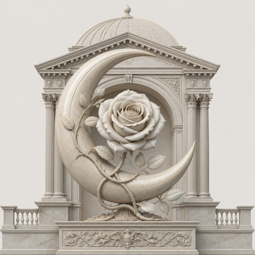 a rose entwined with a crescent moon, clean balanced composition on a plain background, no text — Neoclassical Architecture tattoo design