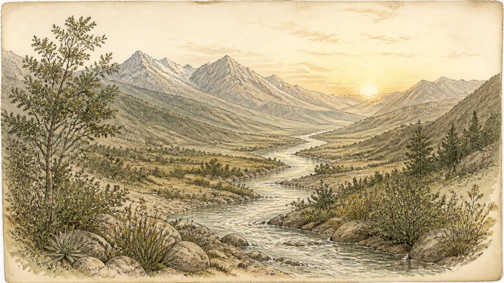 a vast valley with a river winding toward distant mountains at sunrise, no people, no text — Traditional Botanical Still Life Art Style desktop wallpaper