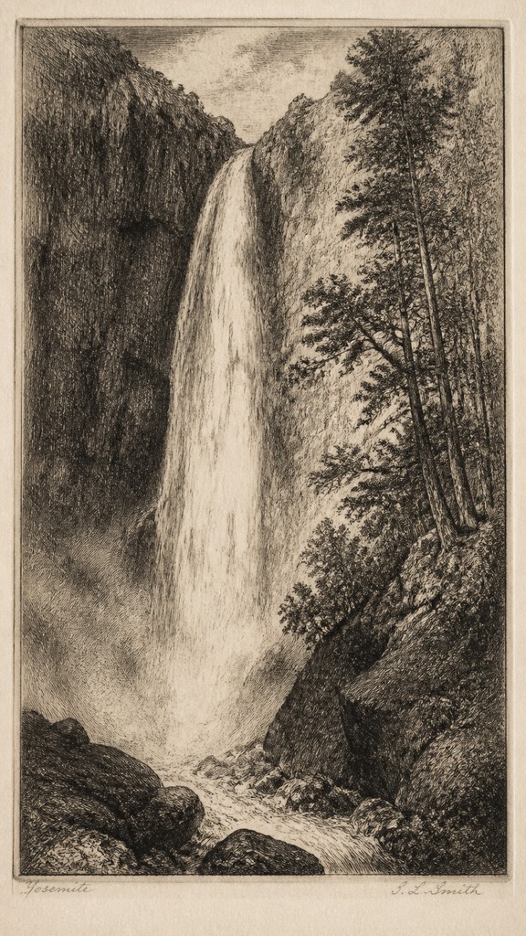 towering waterfall cascading down a cliff — Etching Print Style