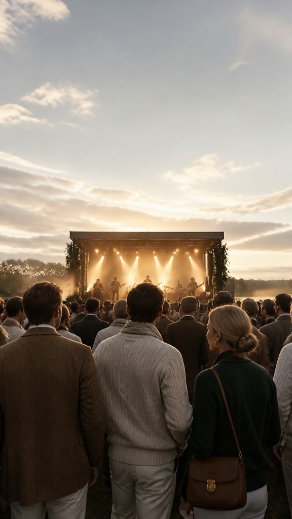 a live music scene with a glowing stage and silhouetted crowd, energetic vertical composition with open space at the top, no text — Old Money Fashion Style flyer