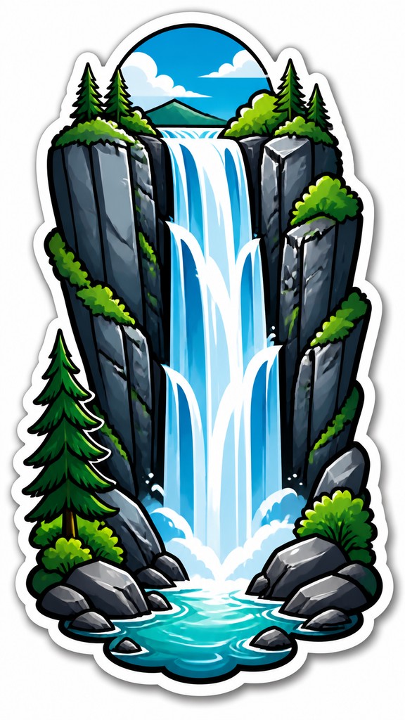 towering waterfall cascading down a cliff — Die-Cut Sticker Design