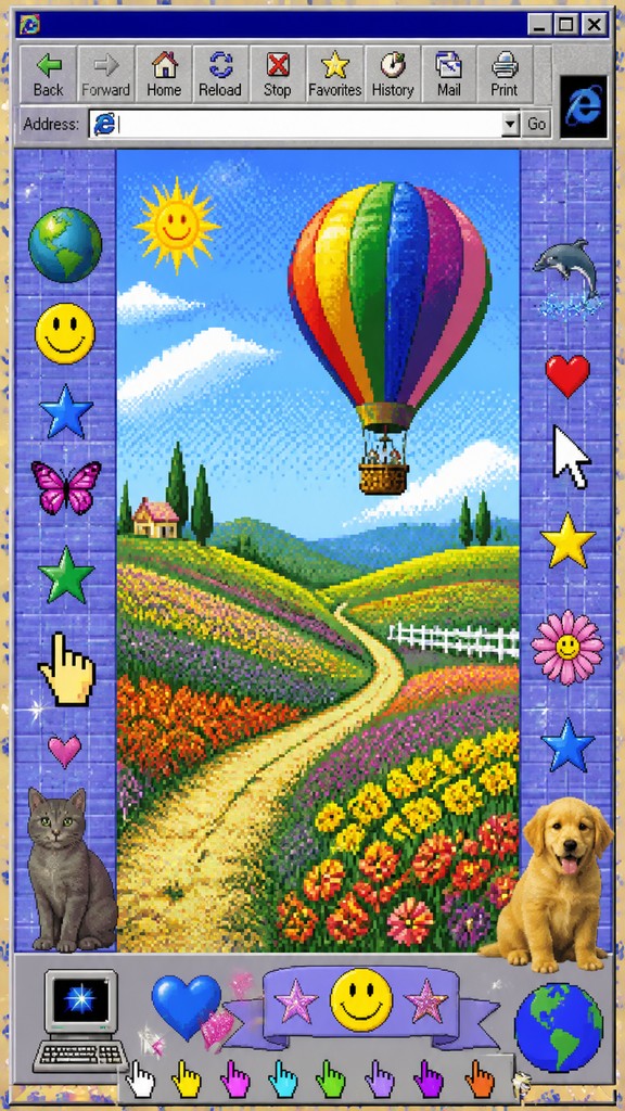 a hot air balloon drifting over rolling flower fields on a sunny day, cheerful, no text — Webcore Aesthetic greeting card