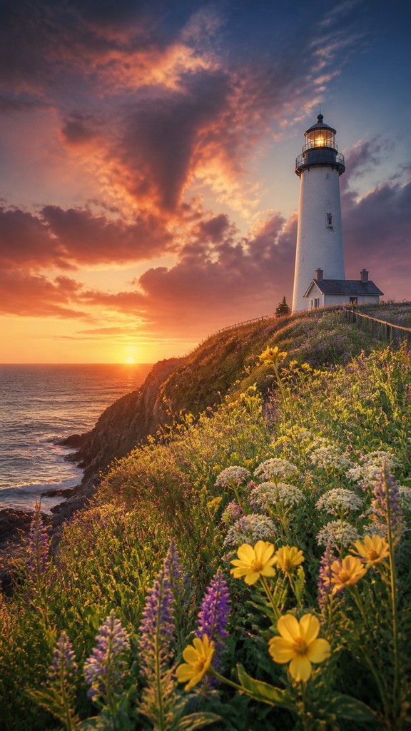 a lone lighthouse on a cliff at dusk under a dramatic sky, no text or lettering — Naturecore Aesthetic poster