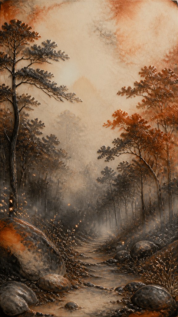 a mysterious forest path with fireflies and drifting mist, atmospheric vertical composition with open space at the top, no text — Terra Sigillata Ceramic Art Style book cover