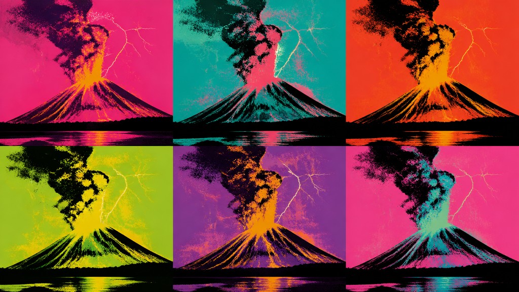an erupting volcano with lightning strikes, dramatic wide composition, no text — Celebrity Portrait Pop Art Style YouTube thumbnail