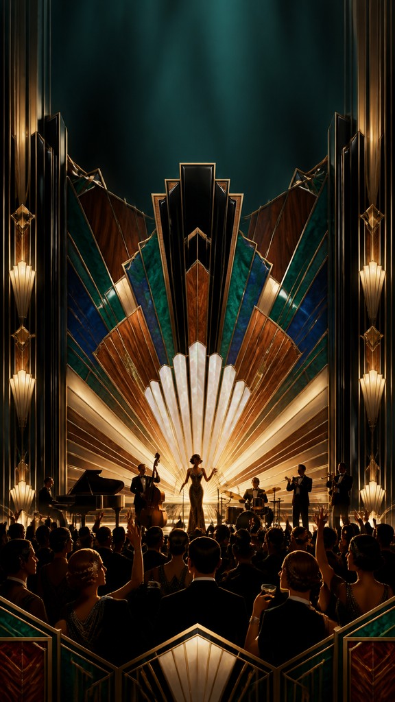 a live music scene with a glowing stage and silhouetted crowd, energetic vertical composition with open space at the top, no text — Art Deco Furniture Art flyer