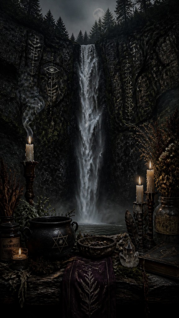 towering waterfall cascading down a cliff — Witchcore Aesthetic