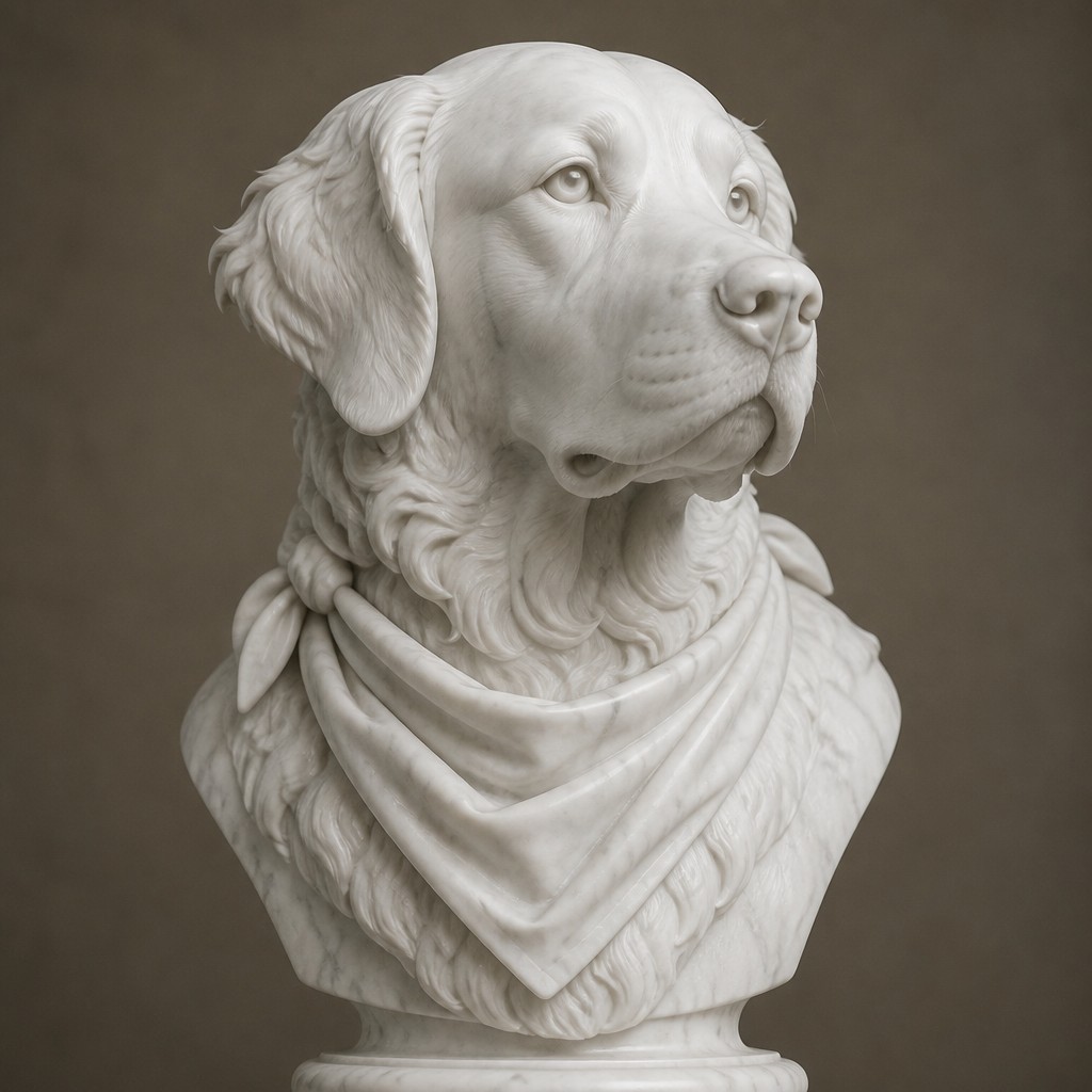 portrait of a golden retriever wearing a blue bandana, warm plain backdrop, no text — Classical Marble Sculpture Art Style pet portrait