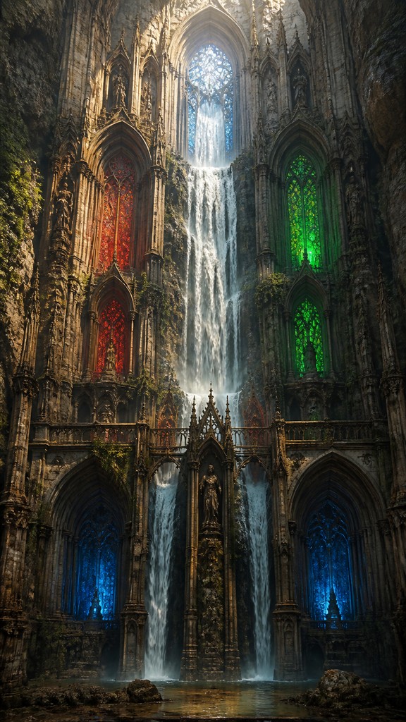 towering waterfall cascading down a cliff — Gothic Architecture Art