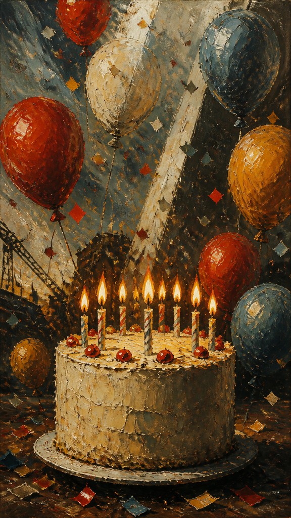 a birthday cake with lit candles surrounded by balloons and confetti, festive vertical composition, no text — Social Realism Art Style birthday card