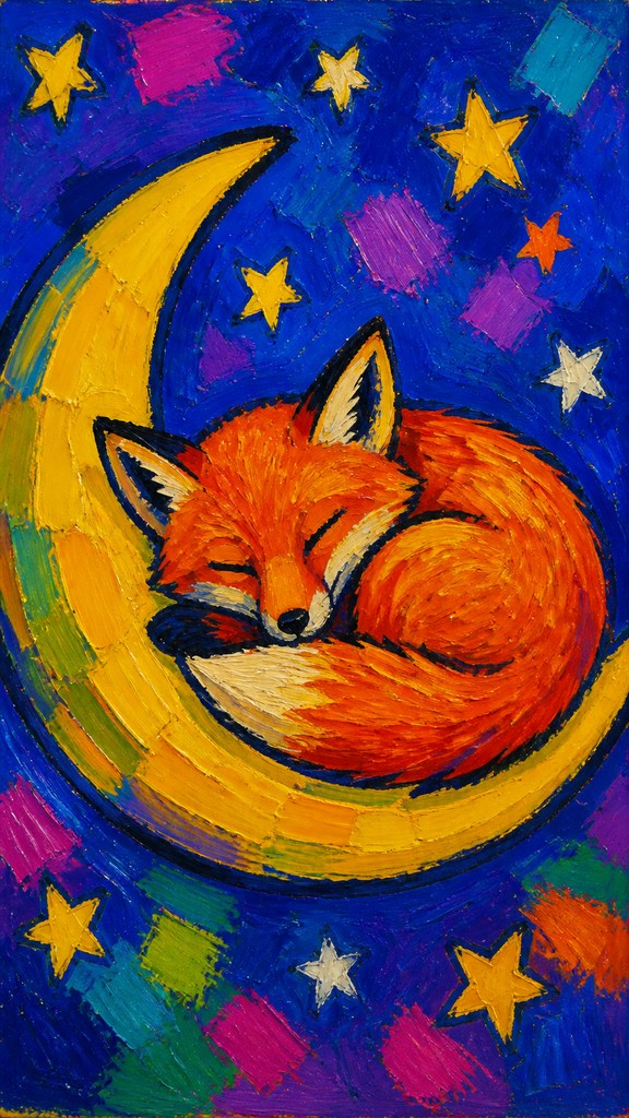 a sleeping baby fox curled on a crescent moon among soft stars, gentle and warm, no text — Fauvism Art Style baby announcement