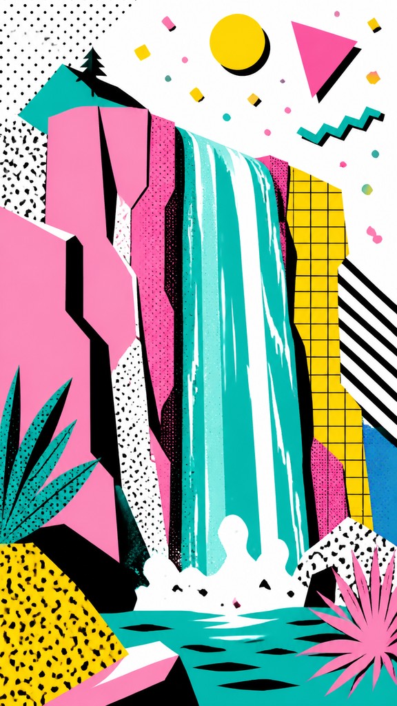 towering waterfall cascading down a cliff — Memphis Design
