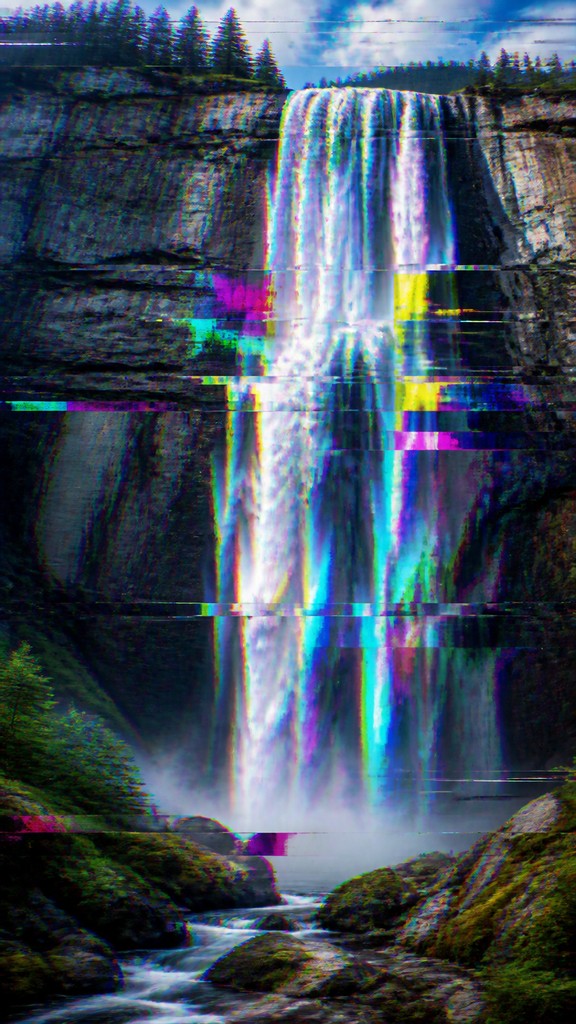 towering waterfall cascading down a cliff — Glitch Art Style