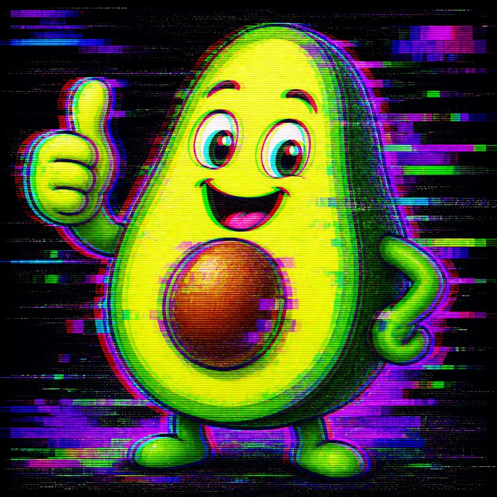 a happy avocado character giving a thumbs up, bold readable design on a plain background, no text — Glitch Digital Art Style sticker