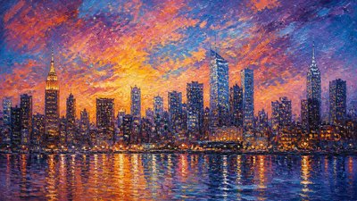 a city skyline panorama at dusk with glowing windows, no people — Impressionist Landscape Art Style wallpaper