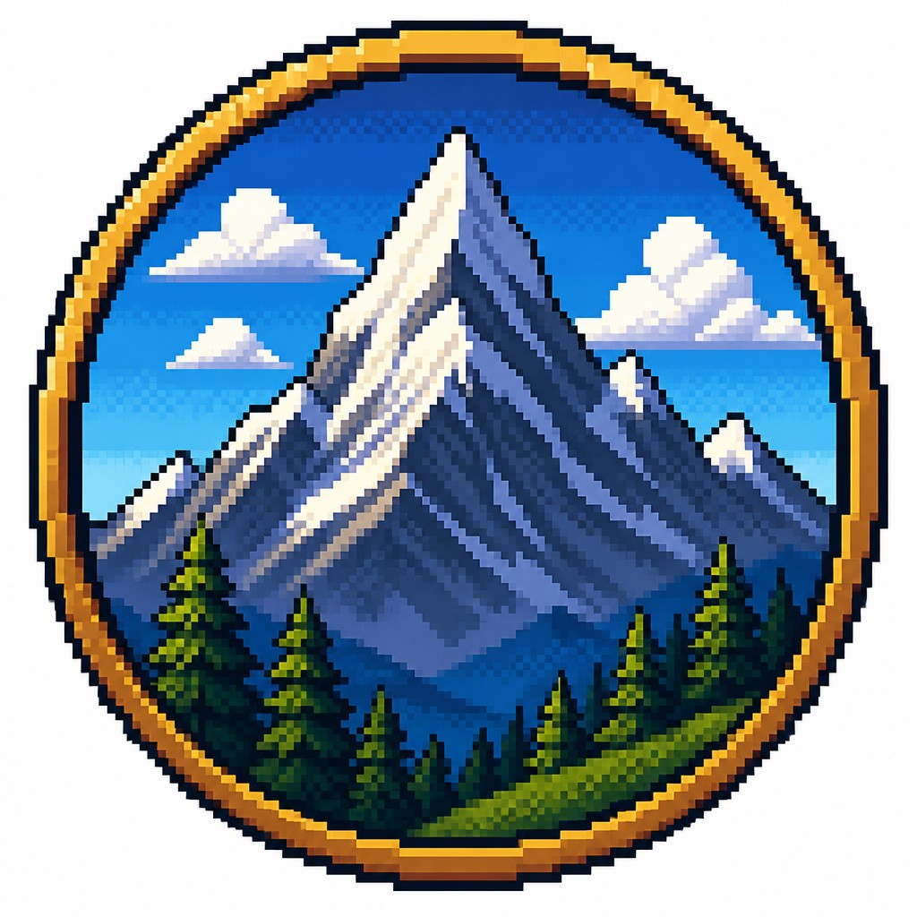 an emblem of a mountain peak inside a circle, simple bold shapes on a plain background, no text or lettering — 16-Bit Pixel Art Style logo concept