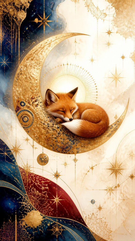a sleeping baby fox curled on a crescent moon among soft stars, gentle and warm, no text — Contemporary Religious Art baby announcement