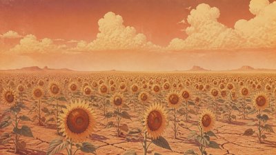 an endless field of sunflowers under summer clouds, no people — Desertwave Aesthetic wallpaper