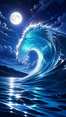 an ocean wave curling under moonlight, no people — Anime Art Style wallpaper