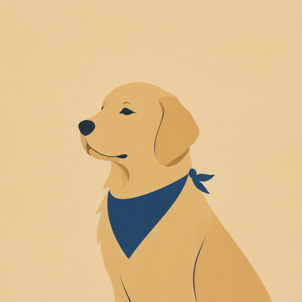 portrait of a golden retriever wearing a blue bandana, warm plain backdrop, no text — Minimalist Abstract Art Style pet portrait