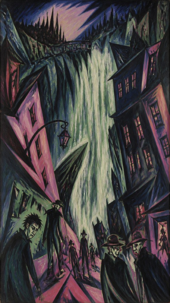 towering waterfall cascading down a cliff — Berlin Expressionism Art Style