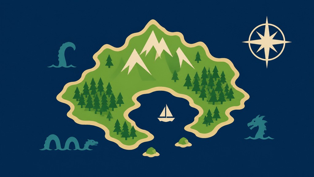 a map of an island realm with mountains, forests, a sheltered bay, sea monsters in the water and a compass rose, no text labels — Flat Icon Design fantasy map