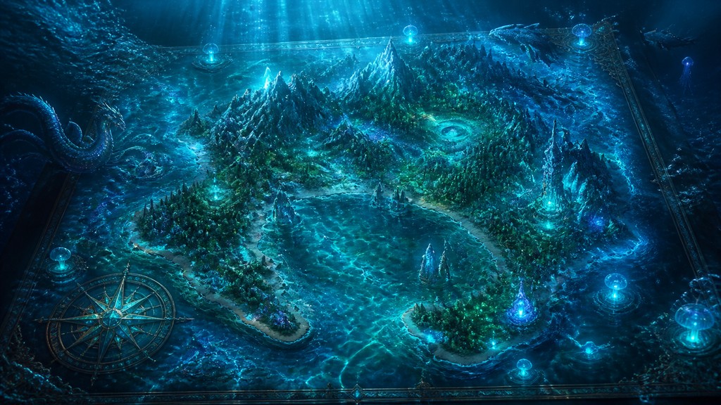 a map of an island realm with mountains, forests, a sheltered bay, sea monsters in the water and a compass rose, no text labels — Underwater Fantasy Art fantasy map