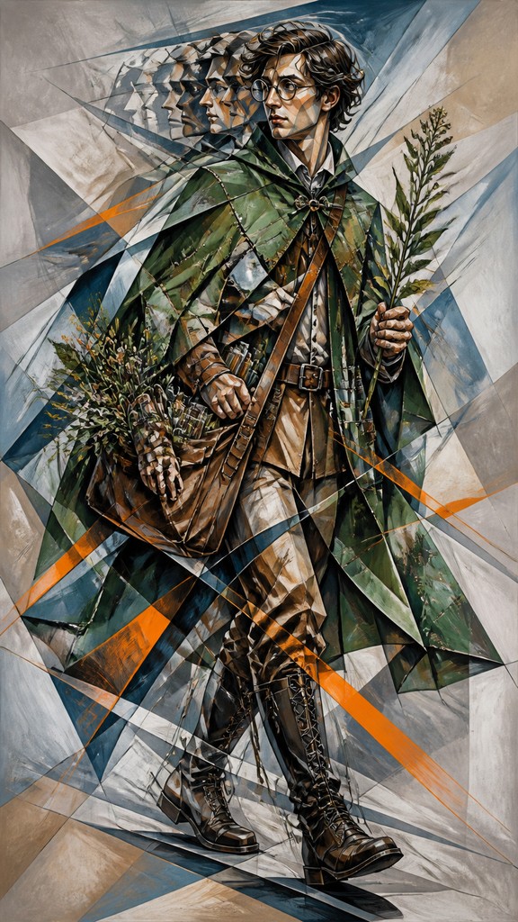full-body original character: a wandering botanist with a satchel of plants, a patched green cloak, tall boots and round glasses, neutral background — Cubo-Futurism Art Style character design