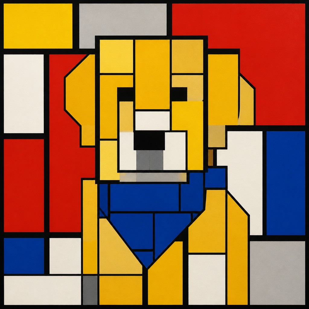 portrait of a golden retriever wearing a blue bandana, warm plain backdrop, no text — De Stijl Art Style pet portrait