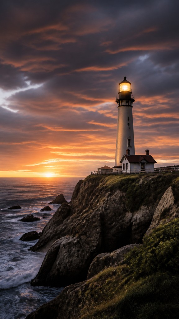 a lone lighthouse on a cliff at dusk under a dramatic sky, no text or lettering — Digital Realism Art Style poster