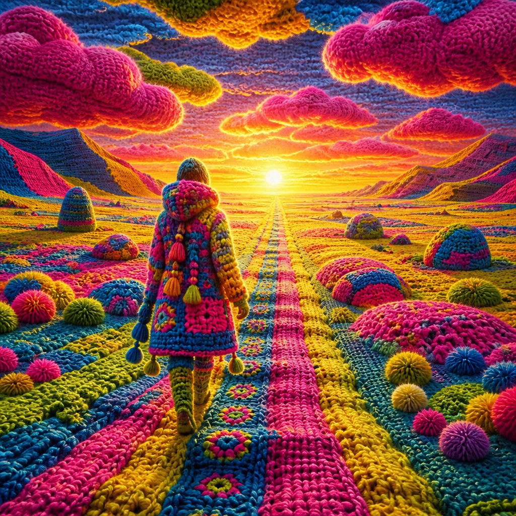 a solitary figure walking toward a glowing horizon across an empty plain, moody atmosphere, no text or lettering — Yarn Bombing Street Art Style album cover