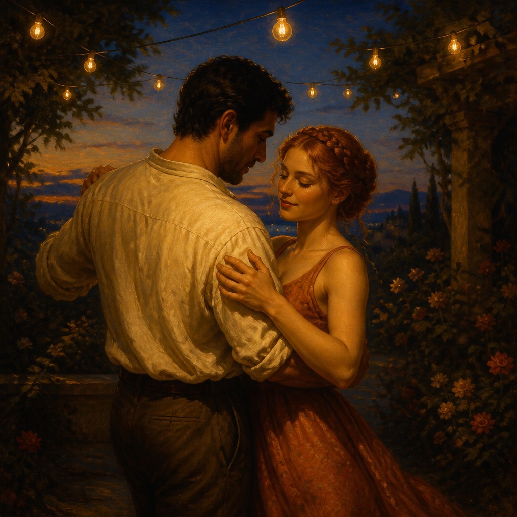 an original couple dancing under string lights in a garden at dusk: a man with short black hair in a linen shirt and a woman with braided red hair in a summer dress — Renaissance Art Style couple portrait