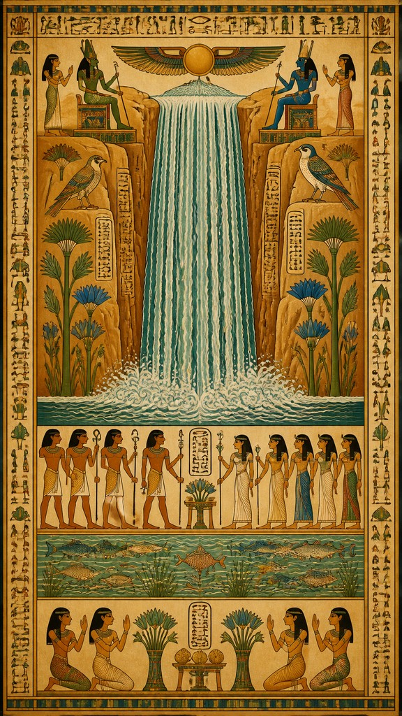 towering waterfall cascading down a cliff — Ancient Egyptian Art Style