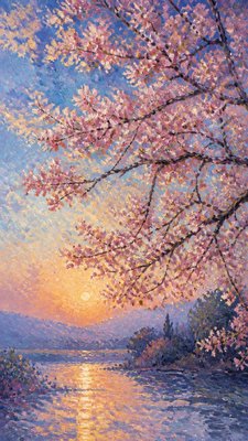 cherry blossom branches against a soft dawn sky, no people — Impressionist Landscape Art Style wallpaper