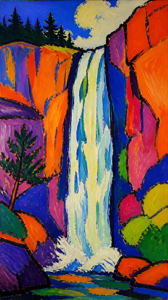towering waterfall cascading down a cliff — Fauvism Art Style
