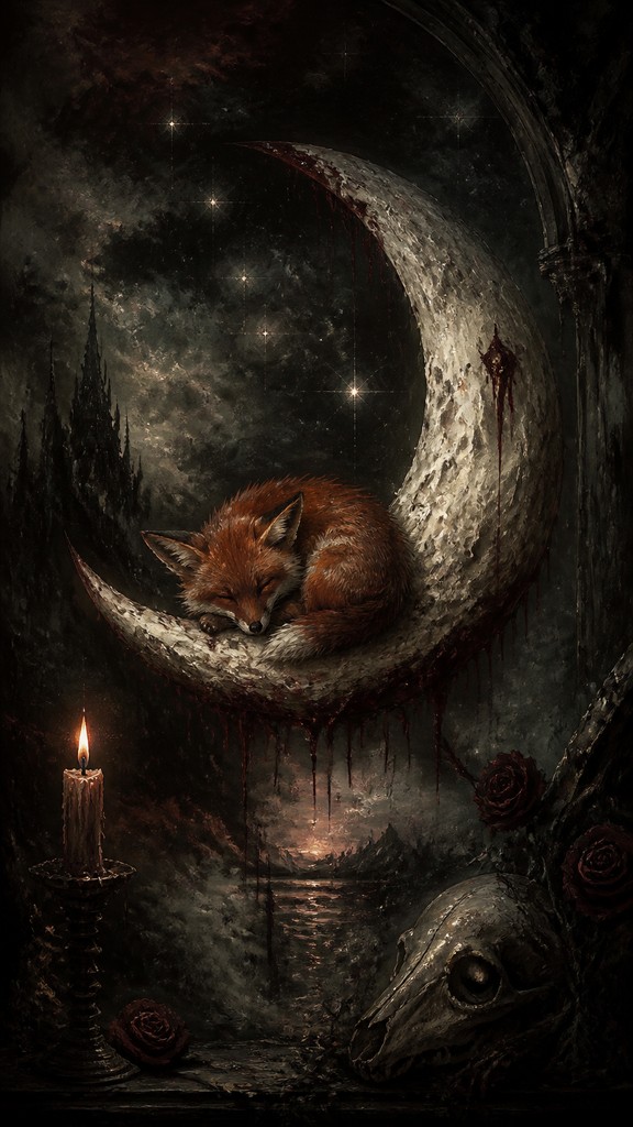 a sleeping baby fox curled on a crescent moon among soft stars, gentle and warm, no text — Gothic Horror Art baby announcement