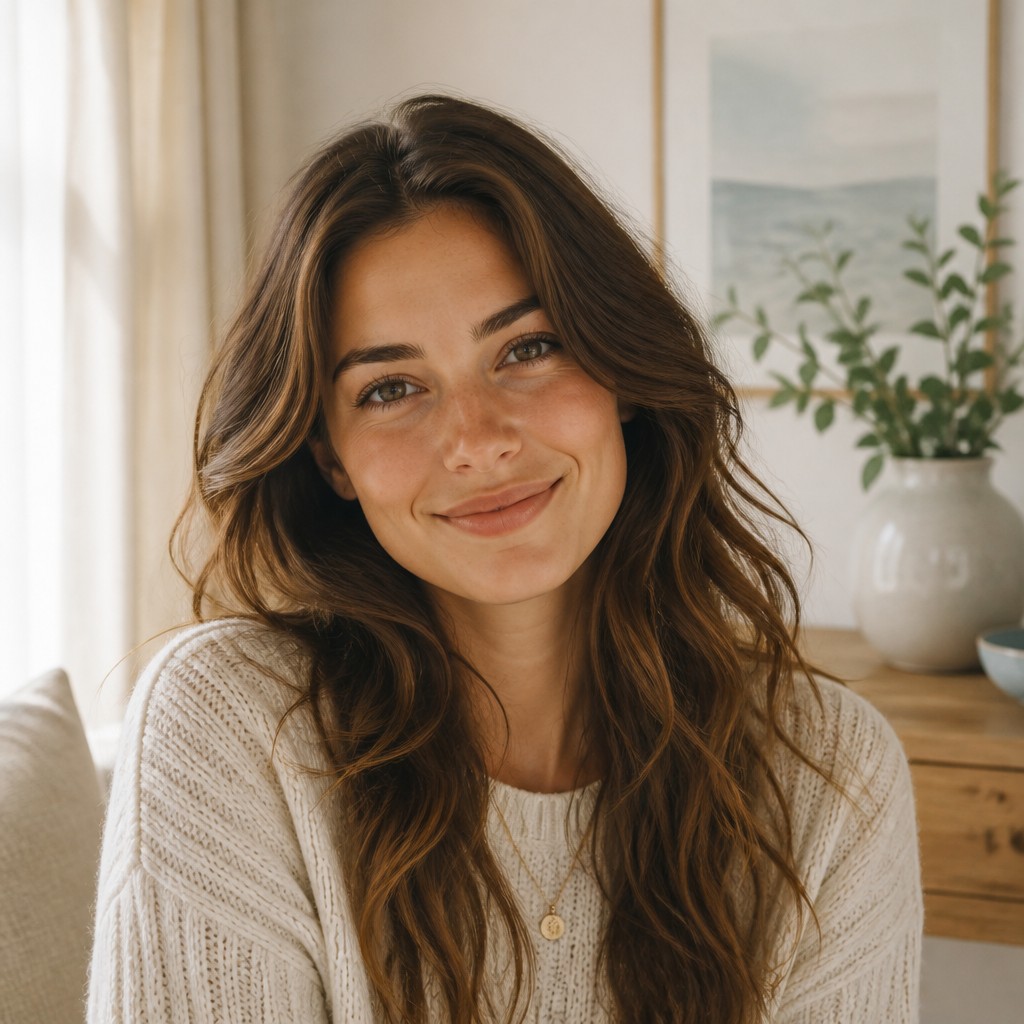 head-and-shoulders portrait of an original character: a young woman with wavy chestnut hair and a warm smile, plain soft backdrop — Scandinavian Interior Design profile picture