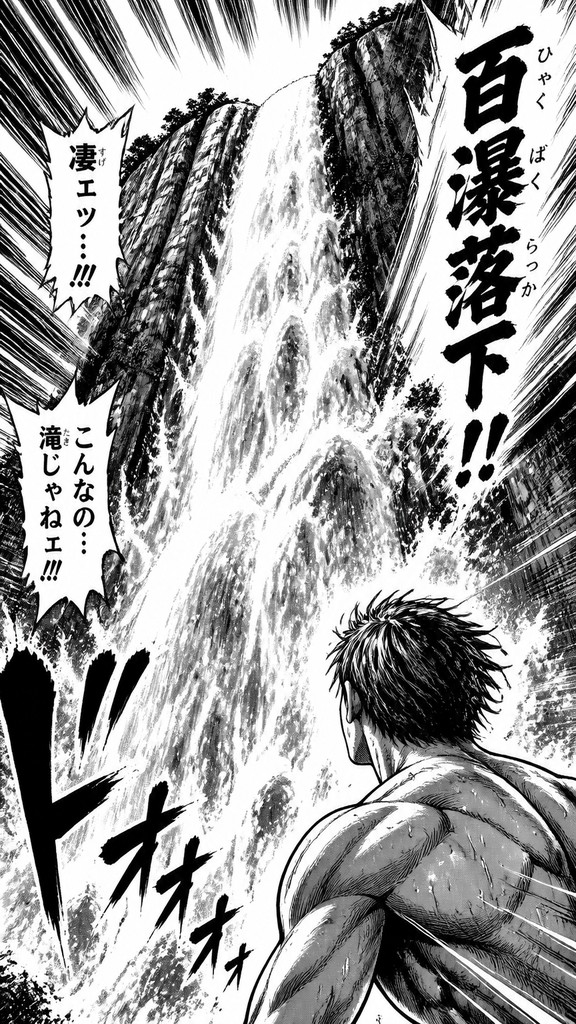towering waterfall cascading down a cliff — Sports Manga Art Style