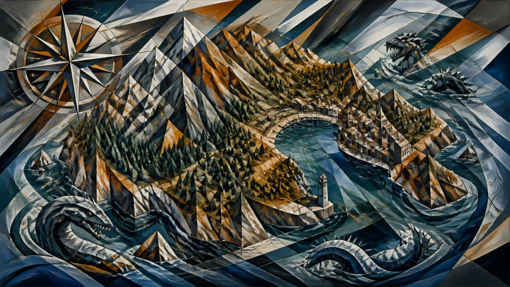 a map of an island realm with mountains, forests, a sheltered bay, sea monsters in the water and a compass rose, no text labels — Cubo-Futurism Art Style fantasy map