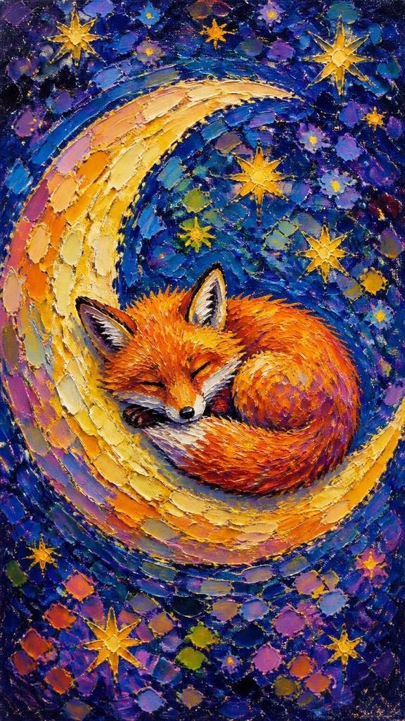a sleeping baby fox curled on a crescent moon among soft stars, gentle and warm, no text — Fauvist Impressionism Art Style baby announcement