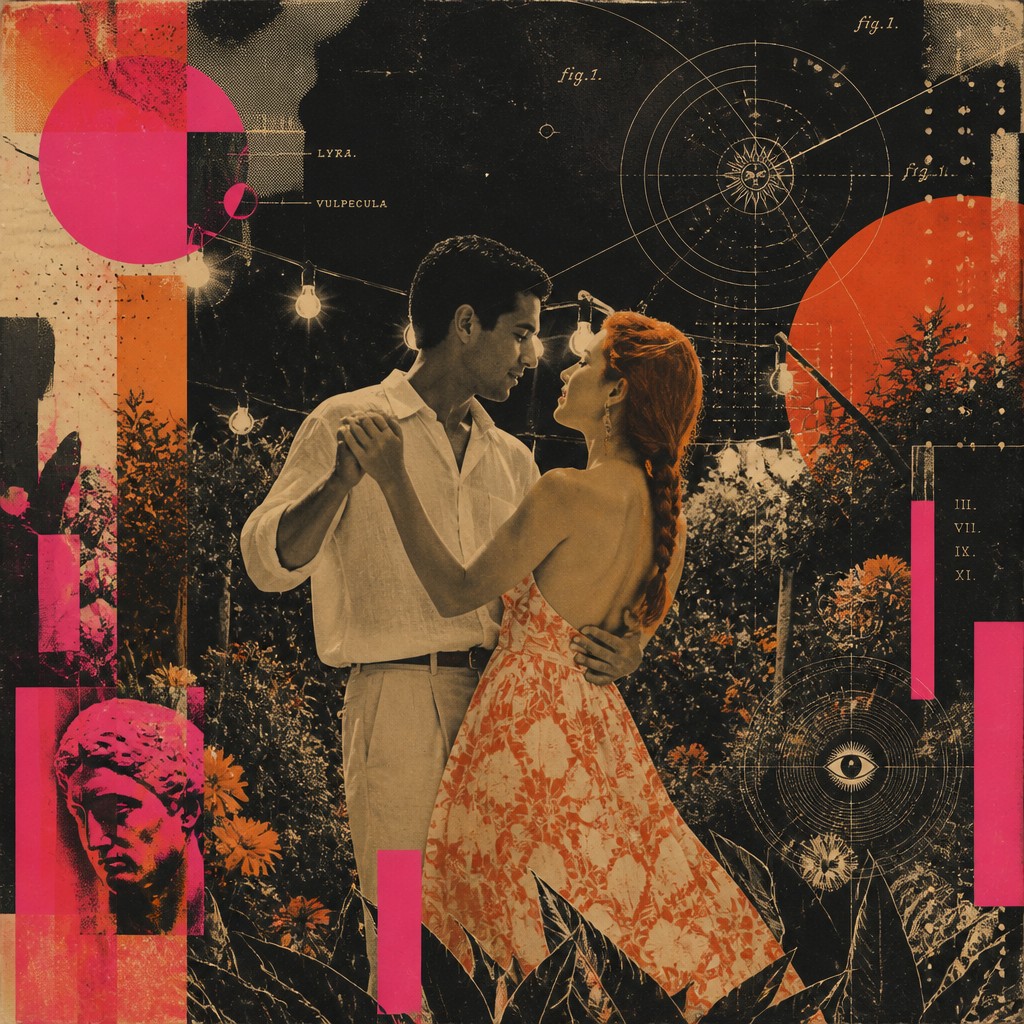 an original couple dancing under string lights in a garden at dusk: a man with short black hair in a linen shirt and a woman with braided red hair in a summer dress — Retro-Futuristic Pop Surrealism couple portrait